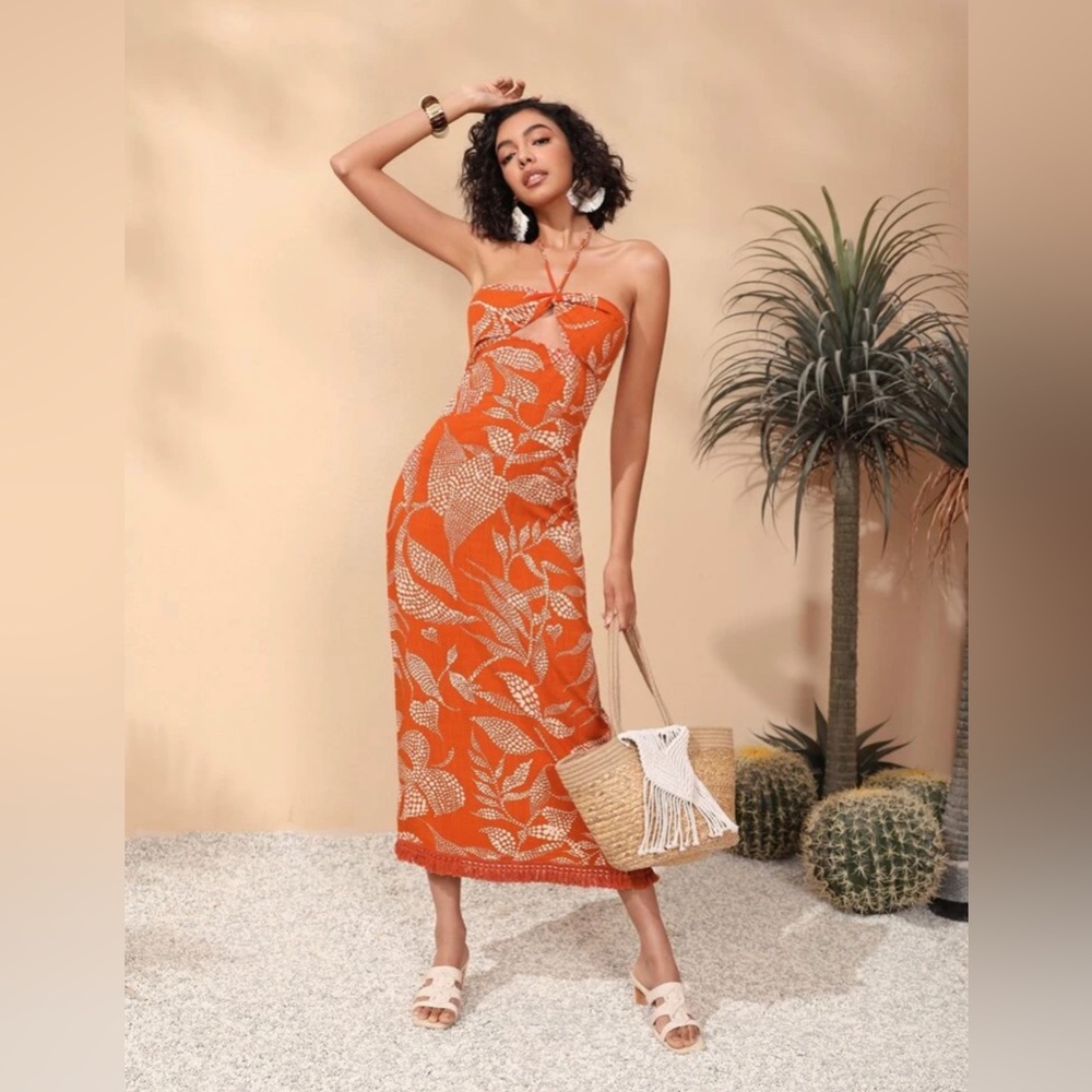 Shein Orange Leaf Print Maxi Halter Dress size 4